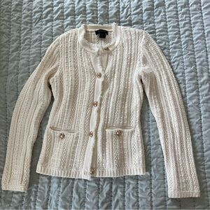 Tahari cream gold button detail heavy cable knit cardigan Cotton Blend